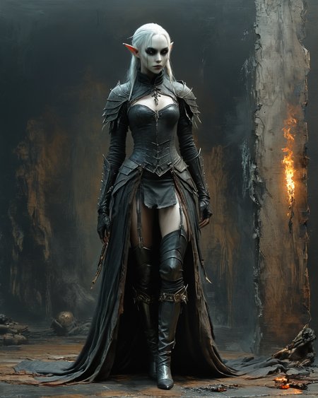 armed and armored drow elf casting a spell, full body shot viewed from the side  <lora:NicolaSamori:0.8> in the style of Nicola Samori, <lora:XSfenlie:1> fenliexl, <lora:xl_more_art-full_v1:0.7>, <lora:add-detail-xl:0.5>