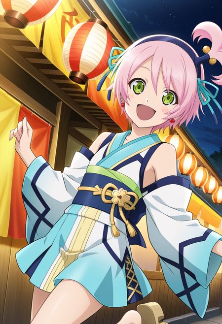 festival, night,
BREAK,
open smile, blush stickers, standing on one leg,
cowboy shot, dynamic angle,
looking at viewer,
BREAK,
<lora:kanonnoEX_illustriousXL_v01:0.9>
kanonnoERnd,
pink hair, short hair, green eyes, ponytail, hairband, bow hairband,
blue yukata, short yukata, short dress, detached sleeves, bare shoulders, gradient clothes, purple sash, yellow obijime,
geta,, source_anime, very aesthetic, anime coloring, masterpiece, 
best quality, amazing quality, ultra detailed, very aesthetic, 
detailed background, 
BREAK,