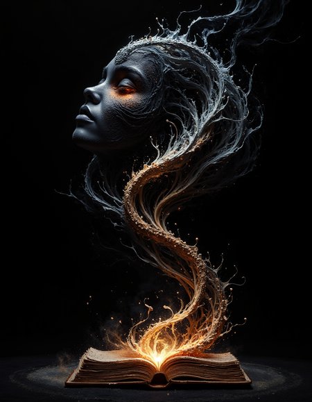 mysterious hidden face, silk veil singular intricately flowing light strands against a black background, swirling particles, glowing sand outline, abstract graphics, contours of epic eyes formed with burning ash dust, fantasy concept art, silhouette of a book