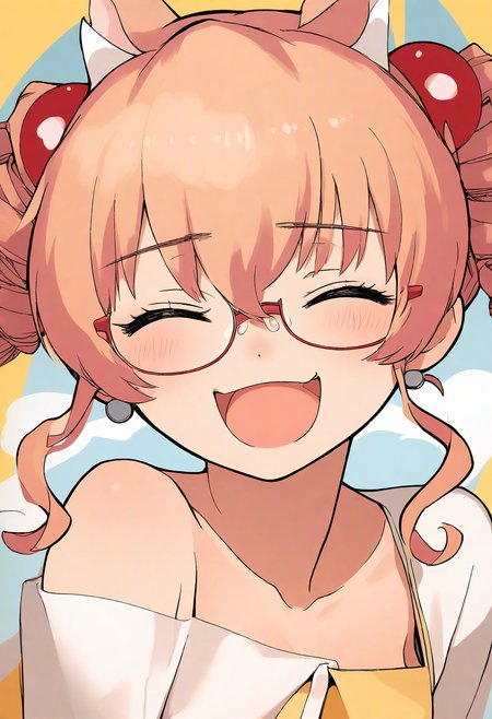 daisukerichard, akai sashimi, tony taka,
stylized, cartoonized, 
newest, masterpiece, highres, year 2024, year 2023, 
Meica05, Naomi Orthmann, solo, smile, open mouth, jewelry, closed eyes, earrings, glasses
 <lora:ponyv4_noob1_2_adamW:0.7>