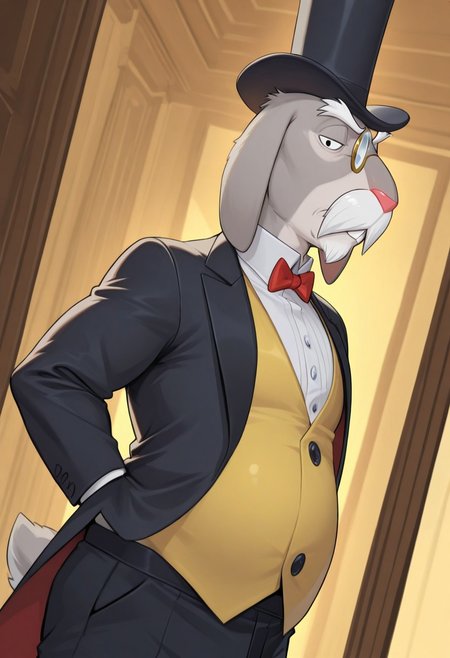 masterpiece, best quality, amazing quality, very aesthetic, absurdres, newest,  high quality, detailed, male, solo male, MrHerriman, 1boy, mature male, male, chubby, anthro, rabbit, grey fur, floppy ears, black eyes, mustache, broad shoulders, bara, bushy eyebrows, facial hair, tuxedo jacket, yellow vest, bow tie, top hat, monocle, formal, looking at viewer, half lidded eyes, stern expression, indoors, office, half body, volumetric lighting, standing, dynamic angle, black pants