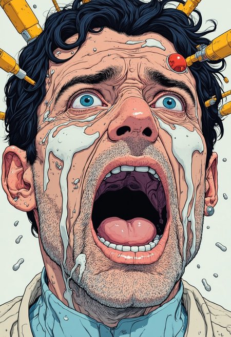 extreme close up on a man crying desperately, tears all over the face, mouth open in desperate facial expression, saturated colors and line inking in the style of a graphic novel CynthiaPortrait