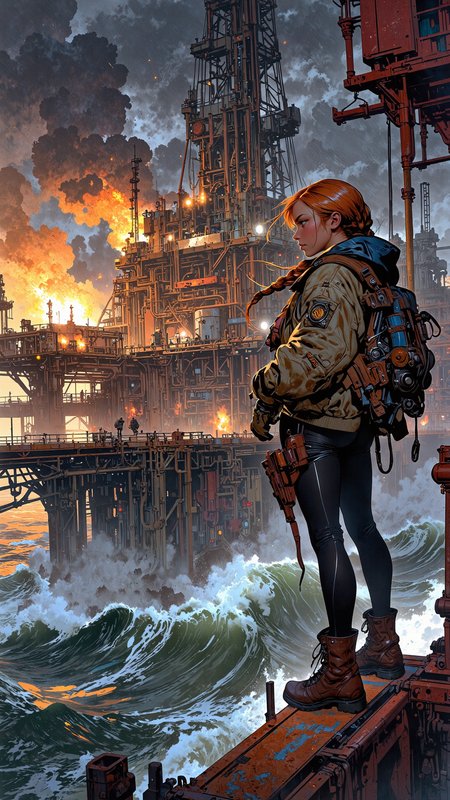 High-resolution semi-realistic illustration, bold cinematic composition, atmospheric lighting. A young woman stands on a massive oil rig, high above the roaring ocean, the wind violently whipping through her long, auburn hair styled into a thick, single braid. She wears a rugged, oversized bomber jacket over a form-fitting bodysuit, heavy boots planted firmly on the steel platform. The air is thick with mist and the scent of oil, as industrial floodlights cast dramatic shadows against the towering drilling structures. In the background, fiery gas flares burn against the stormy evening sky, illuminating the rusted metal walkways and tangled pipes. Thick fog rolls over the churning waves below, their whitecaps glowing under the harsh artificial lights. A sense of isolation and raw power lingers in the scene, capturing both the beauty and brutality of the open sea.   <lora:FluxMythV2:1.0> <lora:Anime_v1.3:1.2> <lora:car1ar1_cap_d6a3:1.0>