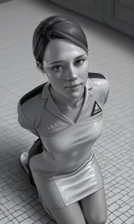 embedding:IllusP0s, loviante, monochrome, greyscale, realistic, 1girl, kara_\(detroit\), looking at viewer, dress, kneeling, arms behind back, high angle,<lora:loviante_v2.safetensors:1.0:1.0> <lora:chloe_kara_dbh.safetensors:1:1>