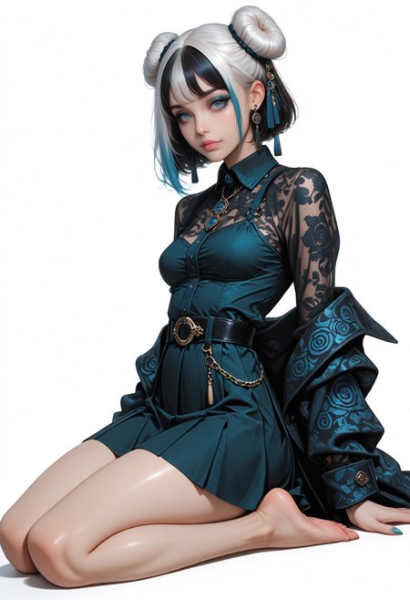 8K, depth of field, dynamic angle, sexy pose, best quality, detailed eyes, perfect eyes, realistic eyes, short hair, white hair, hair bangs, blue highlights, blue eyes, thick eyebrows, black eyebrows, blue eyeshadow, pink lips, full lips, fit body, The woman is attired in an outfit that blends traditional Asian design elements with modern sensibilities. She wears a white, high-collared blouse, the texture of which appears to be fine, and a skirt of a similar shade. A black, wide belt cinches her waist, embellished with a decorative chain that dangles to her lower torso, culminating in a pendant. Over her shoulders, she drapes a dark, ornate jacket with intricate golden patterns along the lapels and cuffs, accentuating the figureâs poise. The overall effect is one of opulence and cultural richness.Her dark hair is styled in a manner that incorporates traditional elements, with two buns placed high atop her head and a cascade of long, loose strands that fall around her shoulders. hair is adorned with intricate hair accessories. The earrings she wears are similarly ornate. nails are painted a dark color.Hanging in the air are multiple strings, perhaps representing a symbolic connection with the dragon or serving as a decorative element. adorned with intricate hanging ornaments, further enhancing the opulence of the composition.The figure is predominantly rendered in shades of black, evoking a sense of mystery and otherworldliness, set against a pale, almost featureless background that accentuates its form, small ass, small breast, realistic breast, , , BREAK, feet_together, front view, looking at viewer, movie perspective, white background, abstract background, <lora:MoriiMee_Gothic_Niji_Style_Illustrious_r1:0.7> artist:moriimee,  <lora:PowerPuffMixLora:0.5>,  <lora:Detailer_NoobAI_Incrs_v1:1> detailed,