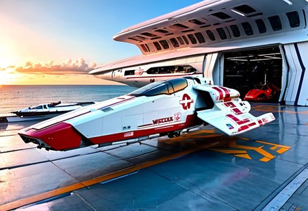 photograph, smooth, sleek, white and red (WipEout anti-gravity craft), (split-front:1.3), parked in a open hangar, door open, tropical island, ocean, beach, blue sky, sunset, sharp, high detailed, realistic, scifi, futuristic, science fiction, sharp focus, masterpiece, best quality