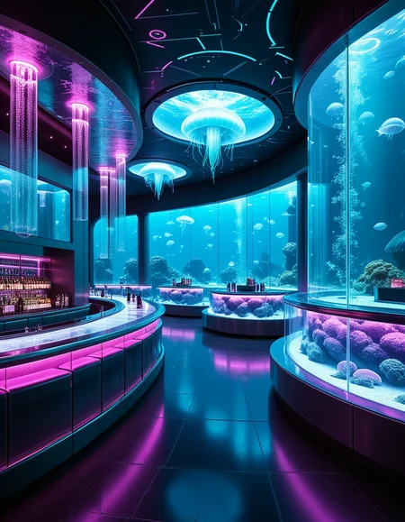 cyberpunk aquarium lounge