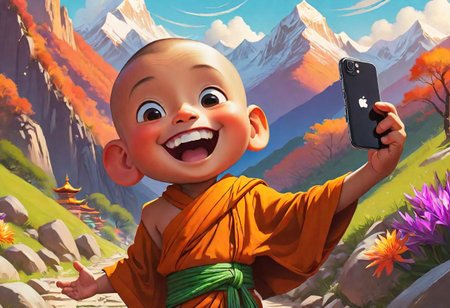 Illustrate a lively scene with a cute monk boy surrounded by vibrant mountains, snapping a joyful selfie