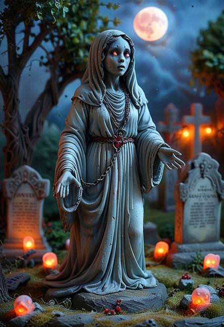 (medium full shot) of (eerie ghost) ethereal figure, transparent fading body, fading hands, faintly glowing red eyes, bluish skin, glowing softly, slightly hazy with a mystical light, vengeful, chains around its wrists,  set in  an ancient graveyard, with weathered tombstones, overgrown grass, a solemn atmosphere, during a full moon,  Masterpiece,best quality, very aesthetic