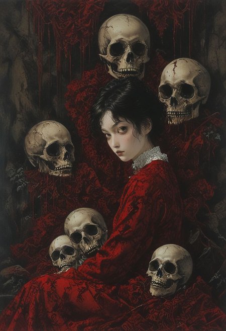 horror painting  , young woman cradling a skull surrounded by endless blood red velvet blankets ,  in the style of  takato yamamoto    , <lora:takma2:1>