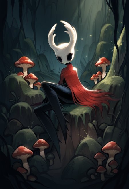 d0p4style,  masterpiece,  best quality, solo, hornet from hollow knight, white horns, black body, red attire, perched upon a mushroom,  background, backlighting, fungal caves, spores, moss, mushrooms