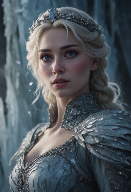 Close Up shot of Elsa as a warrior princess  in the ice castle, at night, Low saturation color photography, vintage, grunge, top light, masterful painting in the style of Anders Zorn | Marco Mazzoni | Yuri Ivanovich, Todd McFarlane, Aleksi Briclot, oil on canvas
