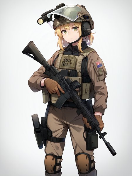 score_9, score_8_up, score_7_up, score_6_up, score_5_up,  <lora:tacticalclothesXLP:0.8> 1girl, weapon, gun, solo, gloves, helmet, white background, knee pads, bulletproof vest, military, pants, holding, brown pants,  simple background, assault rifle, tactical clothes, holding weapon, load bearing vest, blonde hair, magazine (weapon), looking at viewer, holding gun, holstered weapon, closed mouth, american flag, long sleeves, holster,
