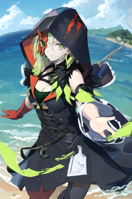 solo, 1girl, solo_focus, (((masterpiece))), ((best quality)), ((ultra-detailed)), ((too_many)):16, high resolution, absurdres, highres, ultra-detailed 8k unity wallpaper, 
gloves
diabellestarr
hood
cleavage
detached sleeves
mask