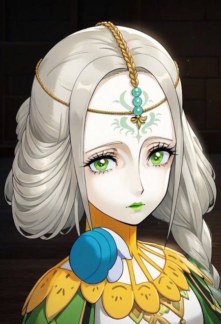 source_anime, 1girl, white skin, grey hair, forehead tattoo, green eyes, green lips, hair decoration, head chain, wrinckles, high yellow collar, medieval dress, white and green dress,<lora:Joanna_-_Metaphor_ReFantazio_-_Pony:1>