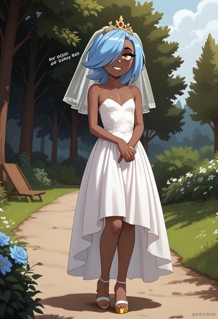 score_7_up, 1girl, erin_cc, dark complexion, one amber eye, one light blue eye, medium length blue hair, hair covering left eye, Full body, barefoot, standing, perfect hands, 5 fingers, perfect barefoot 5 toes, perfect small flat chest natural breasts;  
Wedding dress, Wedding veil, Golden tiara, Wedding ring, Golden high heels sandals,
sensual, curvy, standing, in the woods, outdoors, nature, hike, sweat, looking at viewer, feminine, artistic effects, smiling,