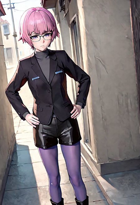 <lora:sdxl_lightning_8step_lora:1> <lora:Fixhands_anime_bdsqlsz_V1:1>score_9, score_8_up, score_7_up, source_anime, intricate details, perfect anatomy BREAK
1girl, solo, gis-esakipurin, pink hair, short hair, purple eyes, black-framed eyewear, black jacket, black shorts, gis-esakipurin outfit, purple pantyhose, black boots,
dutch angle, hands on hips, Sad, downturned mouth, drooping eyelids, and furrowed brow., outdoors, 
<lora:gis-esakipurin_XL(pony)fix:0.9>