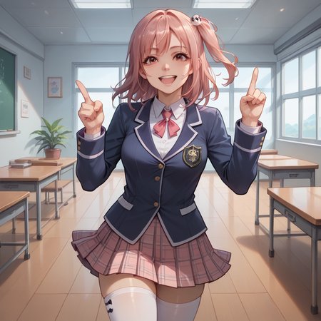 score_9, score_8_up, score_7_up, score_6_up, score_5_up, sourse_anime,   zPDXL,  rating_ safe BREAK,
solo, 1girl,  <lora:ponyRealistic_v1-gamma:-0.4>
 <lora:doahonoka:1>, honoka, one side up, pink hair, honokaschool, school uniform, plaid skirt, white thighhigh, in class room,  smile,  happy, one hand pointing, signaling direction, <lora:add-detail-xl:1> <lora:detail_eyes:0.5>
