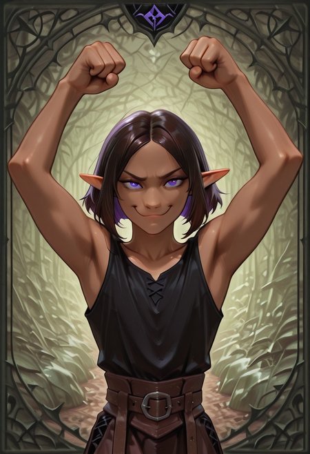 1 Lapanya, solo, Repeta, violet eyes, black sleeveless top,
Grinning, 
Fighting pose, fists up, bloody lip, 
Medieval style, Smooth colors, detailed eyes, organic cavern background, clean lines, high quality, best quality, masterpiece, rating: safe, source: semi-anime,