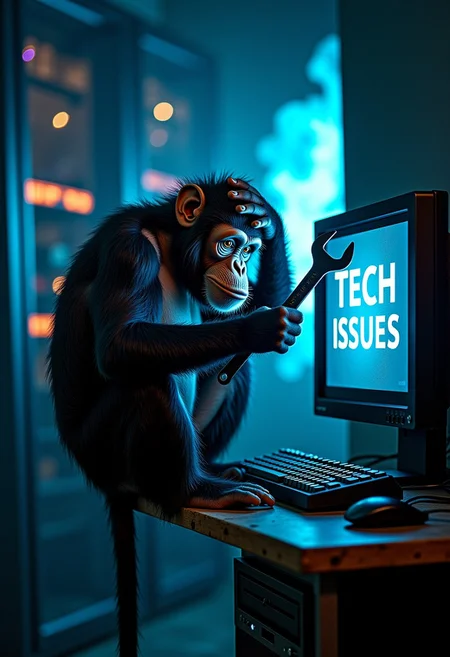 sad monkey on a bar scratching his head with a huge wrench, text on the monitor "TECH ISSUES", server room, blue fire in the background, digital art, old rusty pc, sad monkey