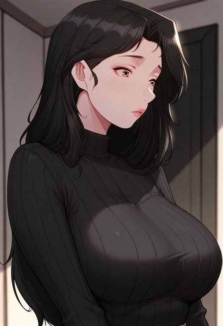 masterpiece, best quality, amazing quality, very aesthetic, absurdres,
hansomi, 1girl, solo, long hair, black hair, brown eyes, large breasts, mature female,
outfit6, sweater, black sweater, ribbed sweater, portrait
