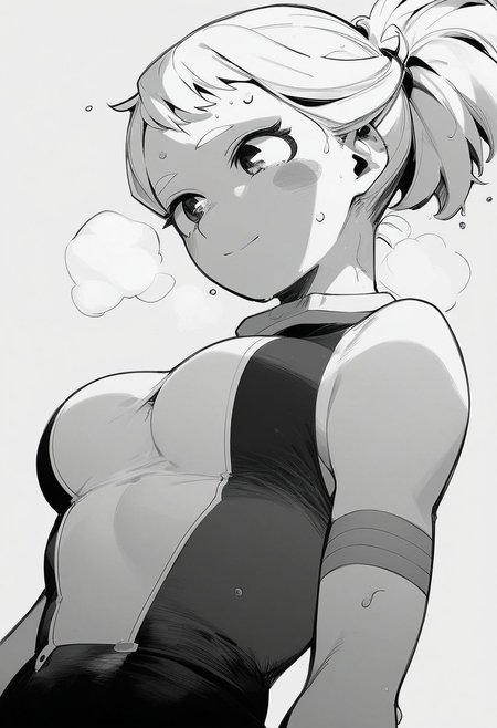 flatshinyskin, score_9, score_8_up, score_7_up , 1girl, 1girl, mosaic censoring, slight seductive pose, slight smile, medium breasts, sweating, breasts,, long skirt, 1girl, solo focus, Upper body, hands behind, wet, sweaty, sweating, steam, lying on back, low angle, under boobs,  tying hair, making a ponytail
ochako_uraraka, 1girl, score_9, score_8_up, score_7_up, Monochrome,  MANGASTYLE ,bodysuit, solo focus, perfect body, curvey, thick waist, thick body,, skin tight dress, , side view, side focus,
leaning down, head facing down, head leaning down, looking down,