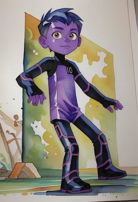watercolor \(medium\), traditional media,
GlitchBen, Black and blue hair, brown eyes, purple skin, Clawed hands, purple and Blue outfit, futuristic design, full body, looking at the viewer,