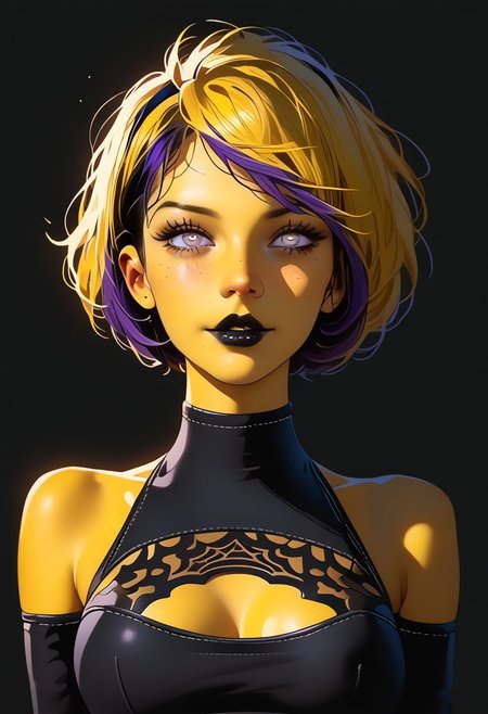 Best quality, masterpiece, detailed picture, realistic, score_9, score_8_up, score_7_up,
1girl, lisa_simpson, \(The Simpsons\)/,(ultra HD quality details), colored skin, (yellow skin:1.6),
((sexy 18 year old tomboy, perfect body, fair skin, cute face, freckles, dimples, shaved side of head)),), small smile, nerdy girl, normal eyes, perfect eyes, goth, 
portrait of a gothic girl, ((((Yorha 2B, Nier Automata, Yorha 2b Bodysuit, black pupils, detailed eyes, pupils in eyes, black bead eyes, pupil, black iris, cleavage, yellow hair, two-tone hair, purple IncursioDipDyedHair, pixie cut purple hair, freckles, black lipstick, medium breasts,)))),
((((very shiny, glossy, front view, facing forward, head and shoulders only)))), solo, super model pose,