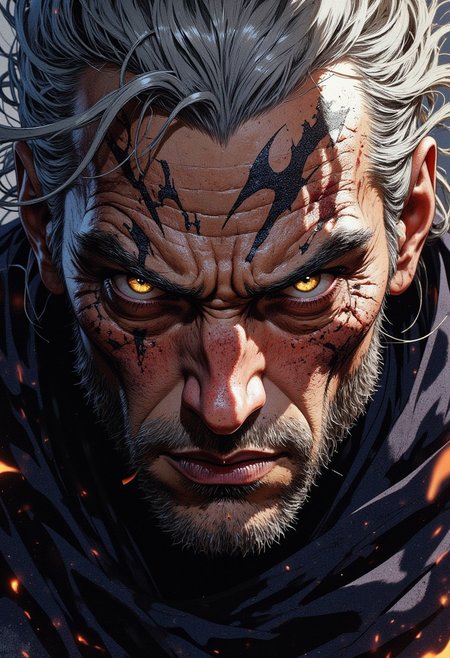 A highly detailed close-up of a character's face, filling nearly the entire frame to emphasize their expression and intricate features. The character has a battle-worn yet determined look, with piercing eyes that glow faintly, radiating power and intensity. Their face is partially shadowed, adding depth and drama to their angular features. Faint scars and intricate tattoos etched along their cheek and jaw hint at a history of conflict and magic.
Strands of their windswept hair frame their face, catching glimmers of light, while a faint aura or glow surrounds them, subtly highlighting their presence against a blurred background. The composition is tight, focusing entirely on the emotion and energy conveyed through the character's gaze and slight smirk, giving an impression of confidence and readiness for the battles ahead.