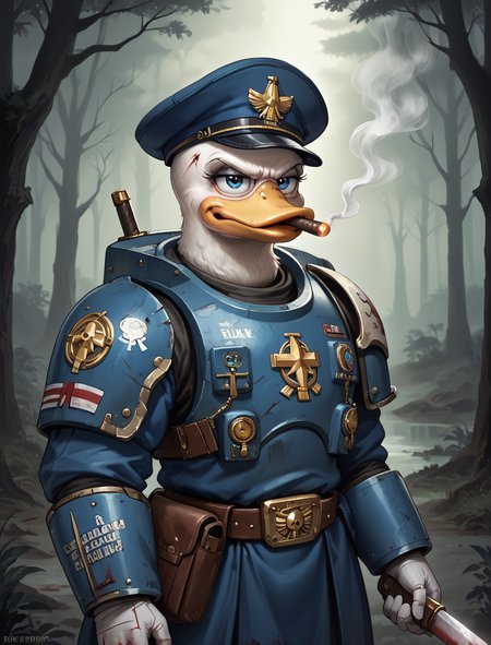 lora:SDXL_neg4all xl v9.1:1>,score_9, score_8_up, score_7_up, 1duck, solo, (anthropomorphic duck:1.2), (cute eyes), annoyed,  hat, (space marine armor), oversized sword, gore, cigar, smoke, grit, bulky, oversized pauldrons, sash, peace was never an option, quack you, dynamic, epic, sword on shoulder, outdoor, alien forest, (moody), (oppressive), volumetric lighting, absurdres, intricate detail, <lora:Pony DetailV2.0:1>,  <lora:Pony Cold Oil Gothic:1>,  detailxl