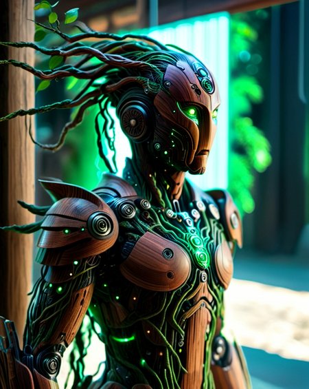 Hyperrealistic art cinematic film still photography in the style of detailed hyperrealism photoshoot, a wandering wooden android warrior that is a combination of wood and micro electronics, glowing green eyes, (his wooden body plates has electronic green glowing veins:1.3), covered in glowing roots and wires and vines, small green gems, he holds an ancient scimitar at the ready, set in an ancient traditional Japanese town, bold lines, hyper detailed, shallow depth of field, vignette, highly detailed, high budget, bokeh, cinemascope, moody, epic, gorgeous, film grain, grainy, extremely high-resolution details, photographic, realism pushed to extreme, fine texture, incredibly lifelike,<lora:sd_xl_dpo_lora_v1:1.0>,  <lora:NaturePunk_SDXL:1.0>, Naturepunk,   <lora:Bio-Luminescence:1> bioluminescent, glowing