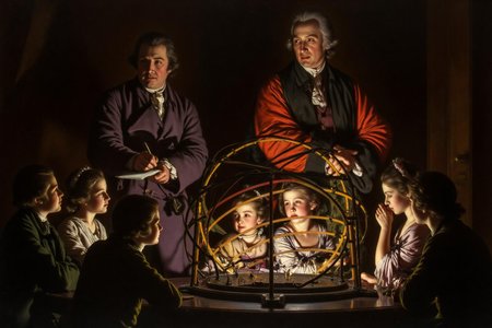 josephwright1 painting. 
A historical scene features figures in 18th-century attire engaged in a scientific demonstration.
On the right, a scholar wearing a black and red robe gestures with his hand.
On the left, a man wearing a purple coat stands, writing notes.
Four children are seated around the table, looking at the model intently, their faces lit by a single light source.
 <lora:josephwright1_cap_d6a3e12:1.0><lora:849102698467851411:0>
