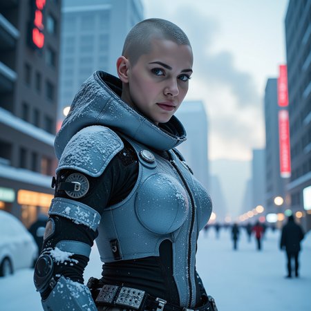 Frostpunk style, frostpunk style hardened female  (covered in snow, frost, and/or icicles), bald, mechanical_eyes, wearing a icy blue thermal combat armor, heavy duty cryo boots, mechanical_arm, set in  a Frostpunk metropolis under a sky filled with smoke and ash, a testament to the constant struggle for survival. , at dusk,,  <lora:flux_trainer/frostPunk_v1.1.safetensors:1.0>,  <lora:scifi/moxiePunk_v3D.safetensors:1.0>, .  Icy, futuristic aesthetic incorporating frozen elements, augmented mechanical technology, neon-lit snow-covered cityscapes.