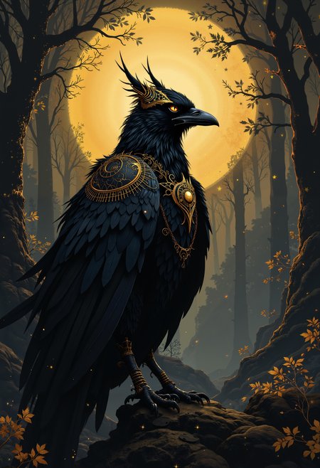 bo-golden, a majestic black raven with mystical elements in a mystical forest setting<lora:boFLUX Golden Noir Abyss.safetensors:1.0:1.0>