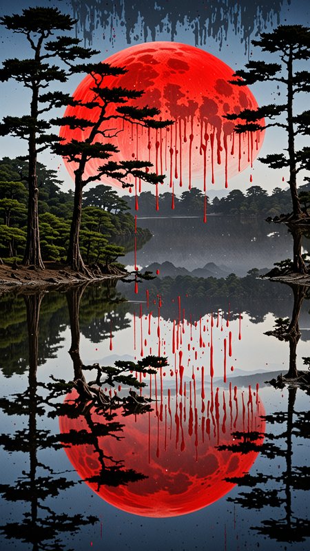 Dripping paint effect, red moon, Lake, japanese writing, ripples, sky, trees, reflection, <lora:Paint_Effects_SDXL_-_By_DICE:1>, Dripping Paint Effect
