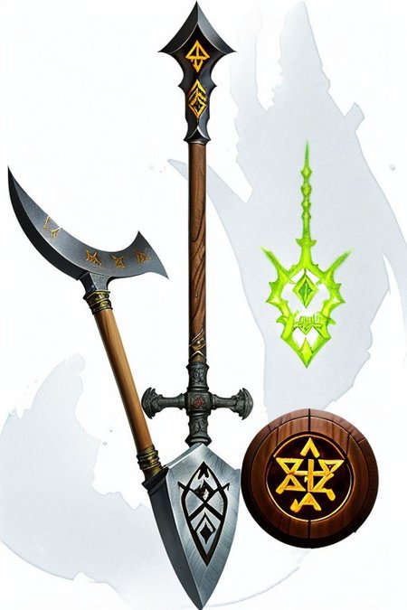 shovel,-axe hybrid, wood handed, (dark wood handle:1.1), with (glowing runes:1.2) , metal shovel head, metal spade,