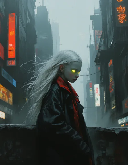 masterpiece, high quality, Oil Painting, Hyper-realistic, hyper-detailed wide-angled painting of an awkwardly beautiful tween elf girl who has a black and red robotic body. Her face is pale, almost translucent white. She has small pointed elf ears, bright glowing green eyes, and flowing white hair. Behind a large cyberpunk city full of fog, full of tall looming buildings and neon signs. She looks like a fashion model. Focus on the girl, shadow and light, Masterpiece, intricate lines, intriguing atmosphere, sharp magnificent details, delicate features, elaborate details, (2/3 rule composition:0.5), ultra detailed, romantic, Rembrandt lighting, brush stroke, lovely, del1cate_balance style, novuschroma, in the style of Rembrandt. FS, vantablack <lora:style_of_Rembrandt_FLUX_135:.8> <lora:- Flux1 - vanta_black_V2.0:.6> <lora:Delicate_Balance:.3> <lora:neeeg_f1:-1> <lora:113_novuschromaFLX_1:.3> <lora:Midjourney_Whisper_Minimal:.4> <lora:SCI_FACTOR_COREV2:.9>