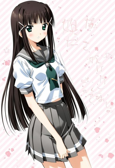 cute, kawaii, 2000s anime, moe anime, 2000s anime style, moe anime style, 1girl, solo, kurosawa dia, green eyes, hair ornament, long hair, mole under mouth, uranohoshi school uniform, short sleeves, pleated skirt, neckerchief, grey skirt, grey sailor collar, green neckerchief, (SuperQuality)
