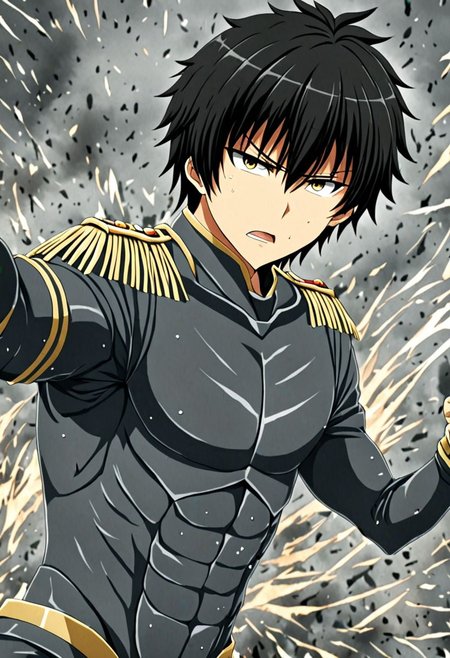 high resolution, solo, best quality, 1Boy, Seiya Kanie, black hair, short hair, thin, military, action, OverallDetail