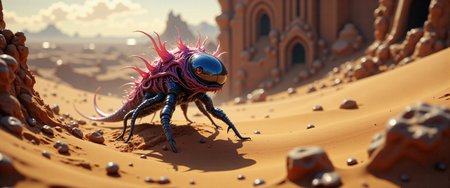 award-winning macro photo, (short depth of field:1.2), fractal art, in the unique and pizzled dunes of planet "zeplar prime", the (mysterious diminutive:1.4) "inquisitive necrolank" with its refloractive shimmering scales and (long coiled appendages:1.3) harvests moisture from the juxtaflurged air with (delicate translucent membranes:1.2), dry biome, (dappled sunlight:1.1), extremely detailed and intricate background, slaanesh touched, <lora:style-touch_of_slaanesh-warhammer_40k-flux-by_reme:0.72> <lora:style-fantastic_landscapes-flux-by_artifyai:0.56> <lora:faetastic_details-flux-by_faeia:0.6>
