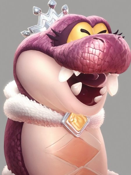 source_furry,
score_8,
score_6.
score_7,
3D,
<1girl:1.5>,
<solo:1.5>,
<simple background:1.5>,
<white background:1.5>,
queen_hisstocrat, pink_snake, no humans, grey background, solo, crown, fangs, open mouth, closed eyes, simple background, pokemon (creature), fur trim, tongue, smile,
<lora:Queen_Hisstocrat-PonySDXL:1> queen_hisstocrat,
<lora:Pony_DetailV2.0:1>,, sitting,
chair,
legs crossed,