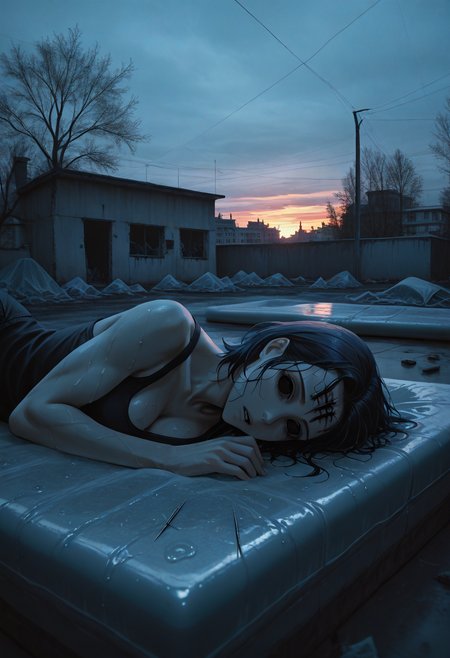 night shot of golden hour shot of blue hour shot of (masterpiece), (best quality), (ultra-detailed), looking at viewer, (muscular legs:0.9),
<lora:dark_v1.9-pony:0.9> dark theme,<lora:NOOB_vp1_detailer_by_volnovik_v1:1.4>  <lora:ebenya:0.8> ebenya, building, outdoors, city, rainy day in a small Russian town,  overcast weather, wet trees,  tree,   a person lying on a dirty mattress in a decrepit room, pale and emaciated, shallow breathing, hollow eyes, sweat on their forehead, scattered drug paraphernalia, needles, burnt spoons, empty bags, dim light from a broken window, peeling walls, a sense of despair and decay,. Cool light, twilight, peaceful, moody. Warm light, sunset/sunrise, magical, serene. Dark, lit, moody, mysterious