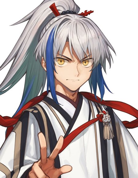 score_9, score_8_up, score_7_up, masterpiece, young boy, v-shaped eyebrows, 
<lora:FSR:1>, fsr, solo, long hair, looking at viewer, hair ornament,1boy,white background,closed mouth,blue hair,yellow eyes,upper body,ponytail,white hair,grey hair,male focus,multicolored hair,japanese clothes,kimono,two-tone hair,streaked hair