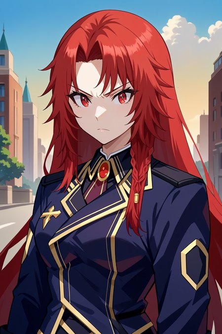 score_9, score_8_up, score_7_up, score_6_up, source_anime, 1girl, solo, <lora:irismidgar-pdxl-nvwls-v1-000004:1> irsmdgr, red hair, long hair, braid, red eyes, black coat, black uniform, gold trim, black skirt, white pantyhose, white gloves, upper body, portrait, blue sky, city, looking at you, serious, breasts