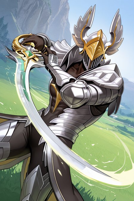 realistic shading, natural lighting, helmetted black-skinned male focus, argusld, grey-yellow_argusld_winged helmet, 1helmetted male, pokemon (creature), covered eyes, dancing, fighting, slashing, holding sword, yellow fingernails, arm veins, knight cosplay, full armor, glowing, shadow, day outdoors grassfield, foreshortening, dutch angle, dynamic angle, dynamic action, intricately detailed illustration, cinematic, depth of field, atmospheric perspective, masterpiece, best quality, amazing quality, very aesthetic, absurdres, newest