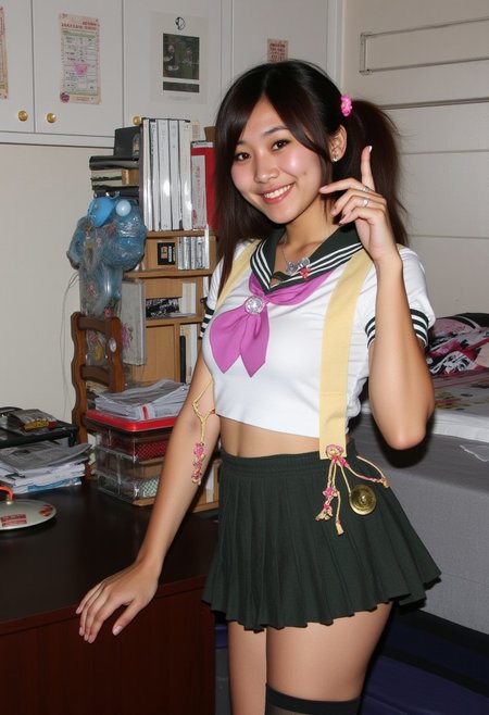 Amateur photo of a beautiful young Asian American sorority woman MaryLee. hourglass body shape. Laughing and flirting and having fun at a college dorm she's wearing Japanese school uniform cosplay. Posing for a photo.
