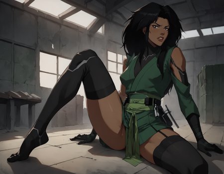 score_9, score_8_up, score_7_up, face focus, extreme closeup, detailed face, 1girl, woman, a mature female, (tall slim athletic female:1.3), skinny, dark-skinned female, black hair, (Sitting with knees bent, one hand on the floor), 
gloves, thighhighs, japanese clothes, black gloves, black thighhighs, green kimono, bodysuit, belt,
(abandoned warehouse, industrial),
ch3shire,
 <lora:ch3shire:1>,
 <lora:Blacklight_XL:0.5> blacklight,
 <lora:- SDXL - vanta-black_contrast_V3.0:0.5>,
 <lora:Concept Art DarkSide Style LoRA_Pony XL v6:0.5>, low light,