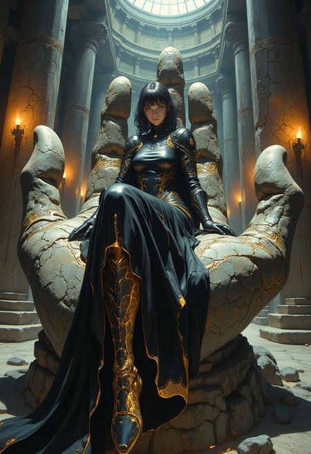 Character seated in the palm of a massive, ancient stone hand, as if cradled in its grasp. The stone fingers curve upward, partially enclosing the character like a protective cage, their surfaces cracked and weathered with centuries of erosion. Intricate carvings of celestial symbols and faintly glowing runes trail along the hand's surface, pulsing with a dim, ethereal light. The hand emerges from the ground as though it were part of a forgotten colossus buried beneath the chamber.
The character leans against one of the stone fingers, a sly and confident smirk on their face, with one arm resting on their knee. They wear sleek, obsidian-black armor with streaks of molten gold glowing like veins, contrasting with a flowing cape of dark fabric that cascades down the hand's palm. The scene is set in a cavernous indoor hall with towering stone pillars, dimly lit by suspended braziers casting flickering shadows. The perspective is dynamic, angled slightly upward to emphasize the enormity of the stone hand while focusing on the character's poised yet relaxed demeanor, with their piercing gaze fixed directly at the viewer.