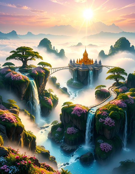 A mesmerizing celestial background featuring an otherworldly paradise. Towering crystalline mountains with peaks that glow softly under a sky painted in shifting hues of iridescent blues, pinks, and golds. Rivers of liquid light flow through vast, open meadows filled with luminescent flowers that pulse with a gentle glow. Gigantic, translucent trees with silver leaves sway in a breeze that carries floating particles of golden dust. Suspended bridges made of shimmering energy connect ancient, floating monoliths engraved with intricate celestial patterns. In the distance, an enormous radiant waterfall cascades into a bottomless, mist-covered abyss, reflecting the surrounding ethereal glow. A tranquil atmosphere, untouched and divine, filled with an overwhelming sense of wonder and serenity.
<lora:SDXLFaeTastic2400:0.4> <lora:extremely_detailed:0.4> extremely detailed, <lora:heavenly_l4ndsc4p3:1>,heavenly l4ndsc4p3, Masterpiece,best quality,hi res,8k,hi res,8k,award winning,(sharp focus, intricate, highly detailed),