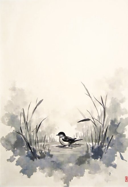 Japanese Sumi-e ink wash painting, minimalist and evocative, a small bird of cloud rests within a field of cotton grass. Limited palette of blacks, grays, and creams, with sparse brushstrokes conveying a sense of tranquility and simplicity. Empty space is as important as the subject, embodying Zen aesthetics. ,<lora:flux/fav/ssf-4bstr4ct-v2.safetensors:1.0:1.0>
